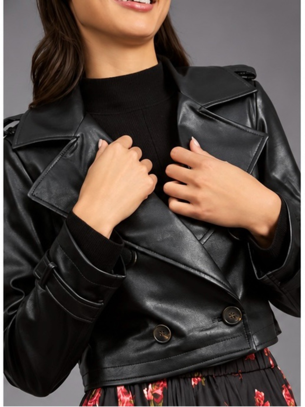 Avec Les Filles Cropped Double Breasted Faux Leather Trench Jacket Black S